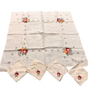 Vintage Hand Embroidered Fruit Cross Stitch 100% Linen Tablecloth & 4 Napkin Set